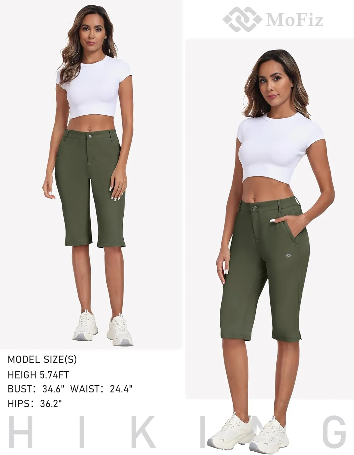 MoFiz Womens 15" Hiking Long Shorts Below Knee Length Capri Cargo Shorts Lightweight Quick Dry Bermuda Shorts