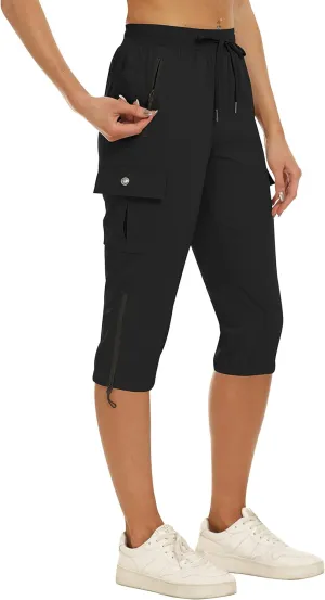 MoFiz Women's Capris Cargo Hiking Pants Lightweight Quick Dry Outdoor Athletic Running Sports Travel Summer Zipper Pockets