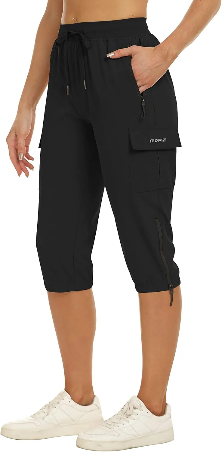 MoFiz Women's Capris Cargo Hiking Pants Lightweight Quick Dry Outdoor Athletic Running Sports Travel Summer Zipper Pockets