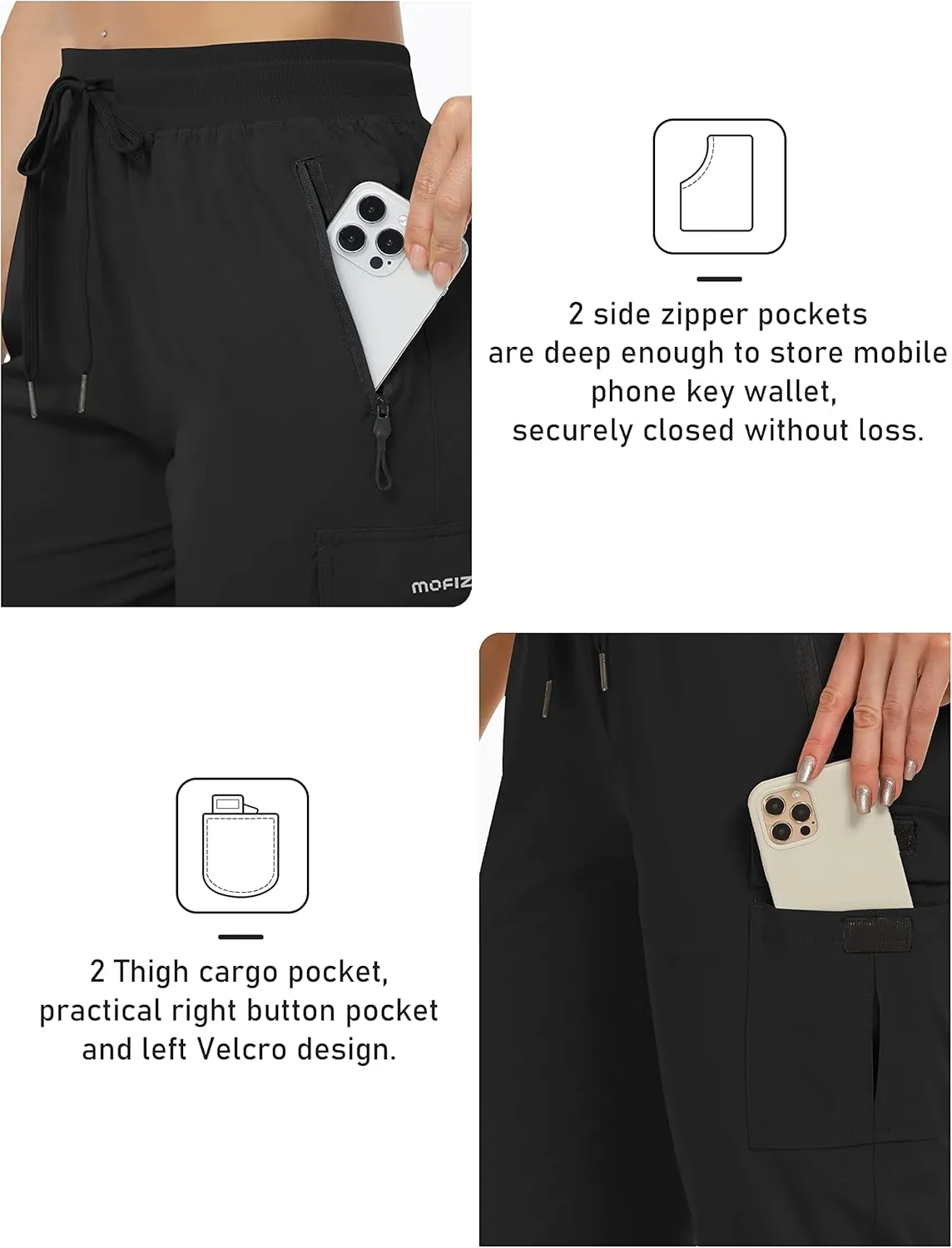 MoFiz Women's Capris Cargo Hiking Pants Lightweight Quick Dry Outdoor Athletic Running Sports Travel Summer Zipper Pockets