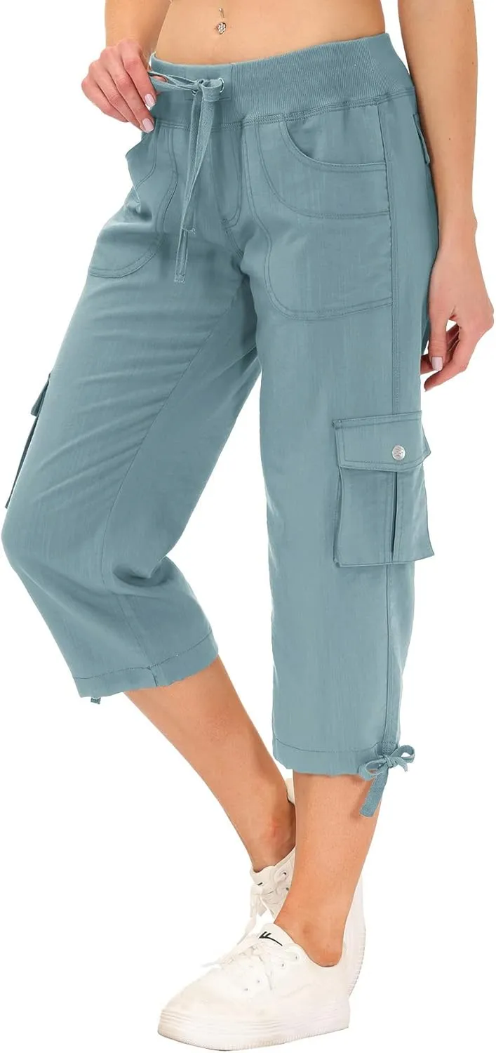 MoFiz Women's Cargo Capris Hiking Pants Lightweight Quick Dry Outdoor Athletic Travel Casual Loose Comfy Cute Pockets