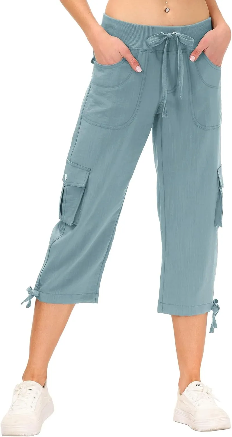 MoFiz Women's Cargo Capris Hiking Pants Lightweight Quick Dry Outdoor Athletic Travel Casual Loose Comfy Cute Pockets