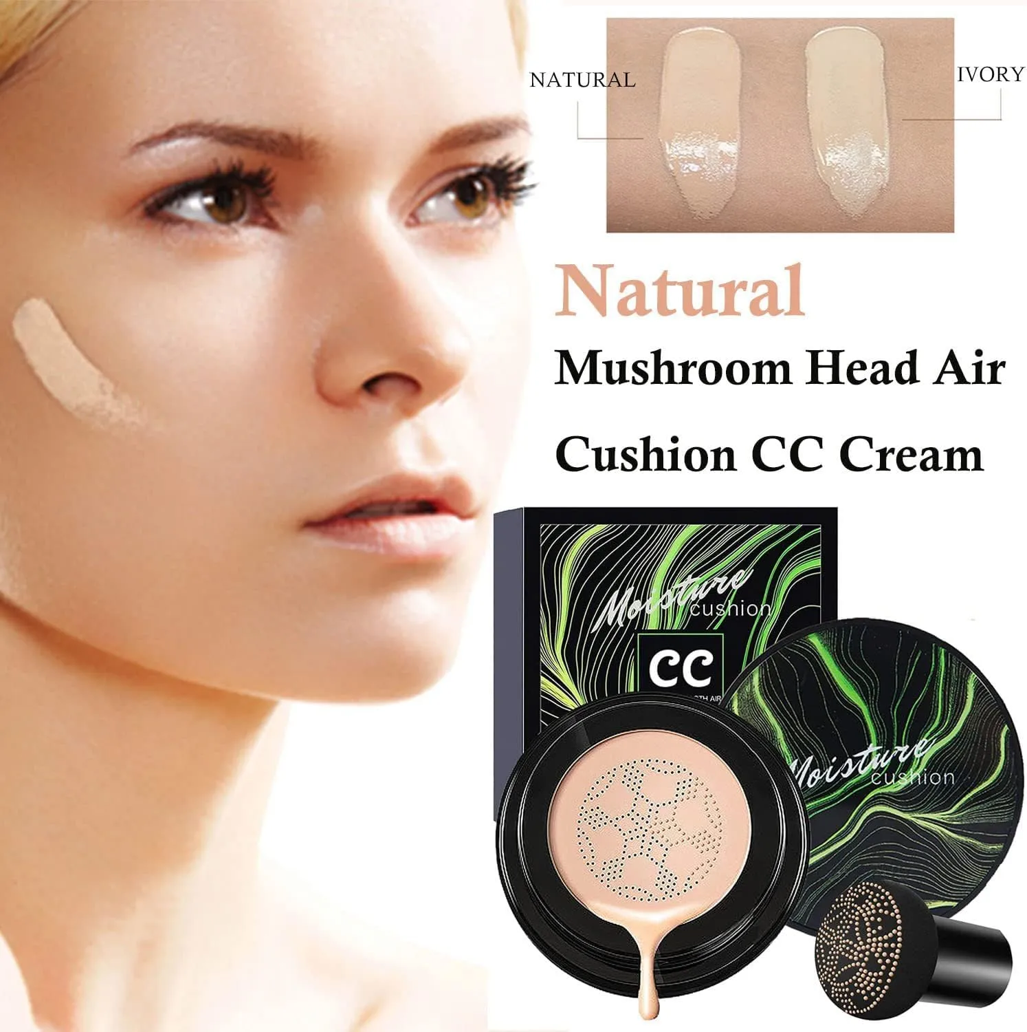 Mushroom Head Air Cushion CC Cream BB Facial Makeup Foundation Natural Color Concealer Waterproof Isolation Sunscreen Foundation (02 Natural color)