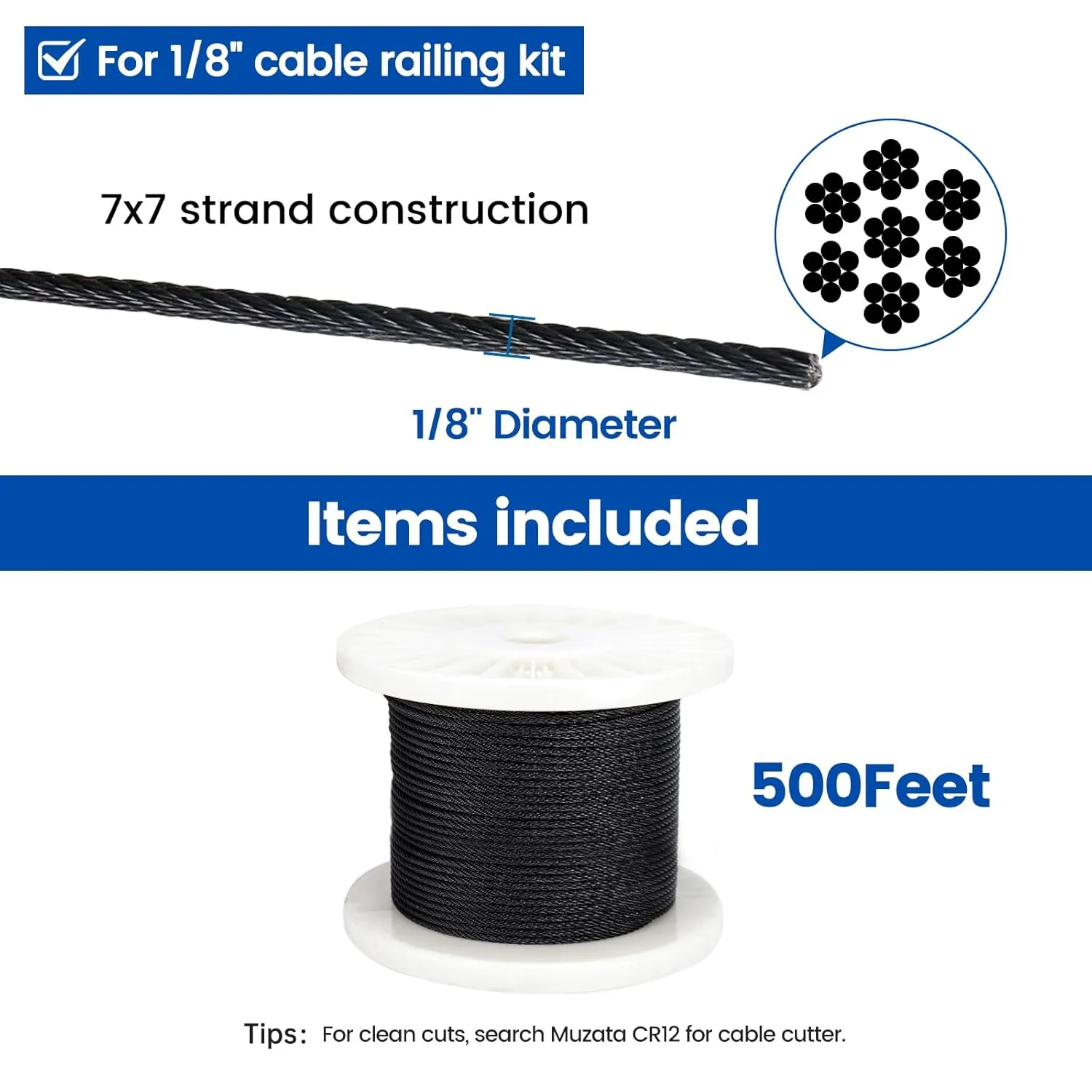 Muzata 500 ft 1/8" Black Stainless Steel Cable Railing System Hardware T316 Stainless Steel Wire Rope 7x7 Strands 1800 lb Breaking Strength Black Cable Railing Kit for Indoor Outdoor WR19