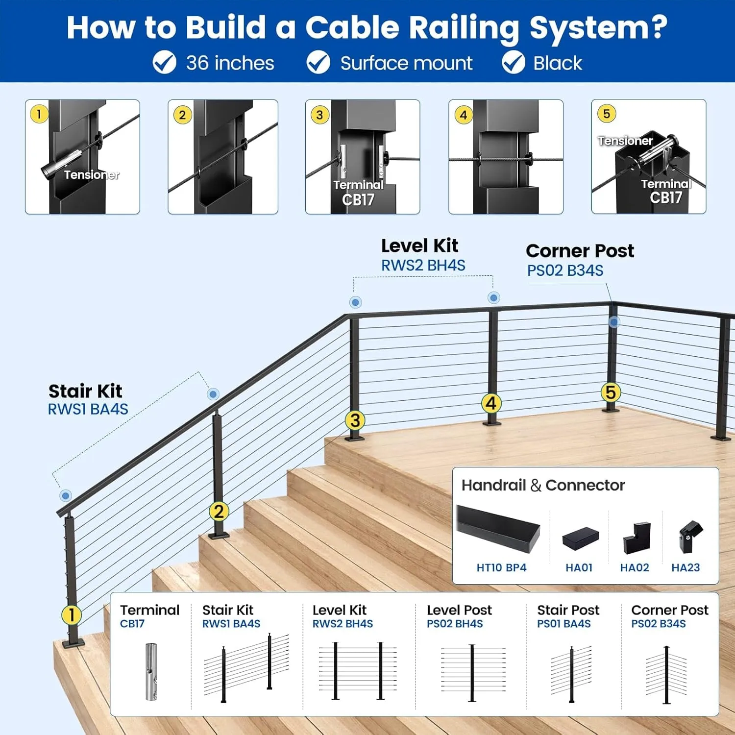 Muzata 500 ft 1/8" Black Stainless Steel Cable Railing System Hardware T316 Stainless Steel Wire Rope 7x7 Strands 1800 lb Breaking Strength Black Cable Railing Kit for Indoor Outdoor WR19