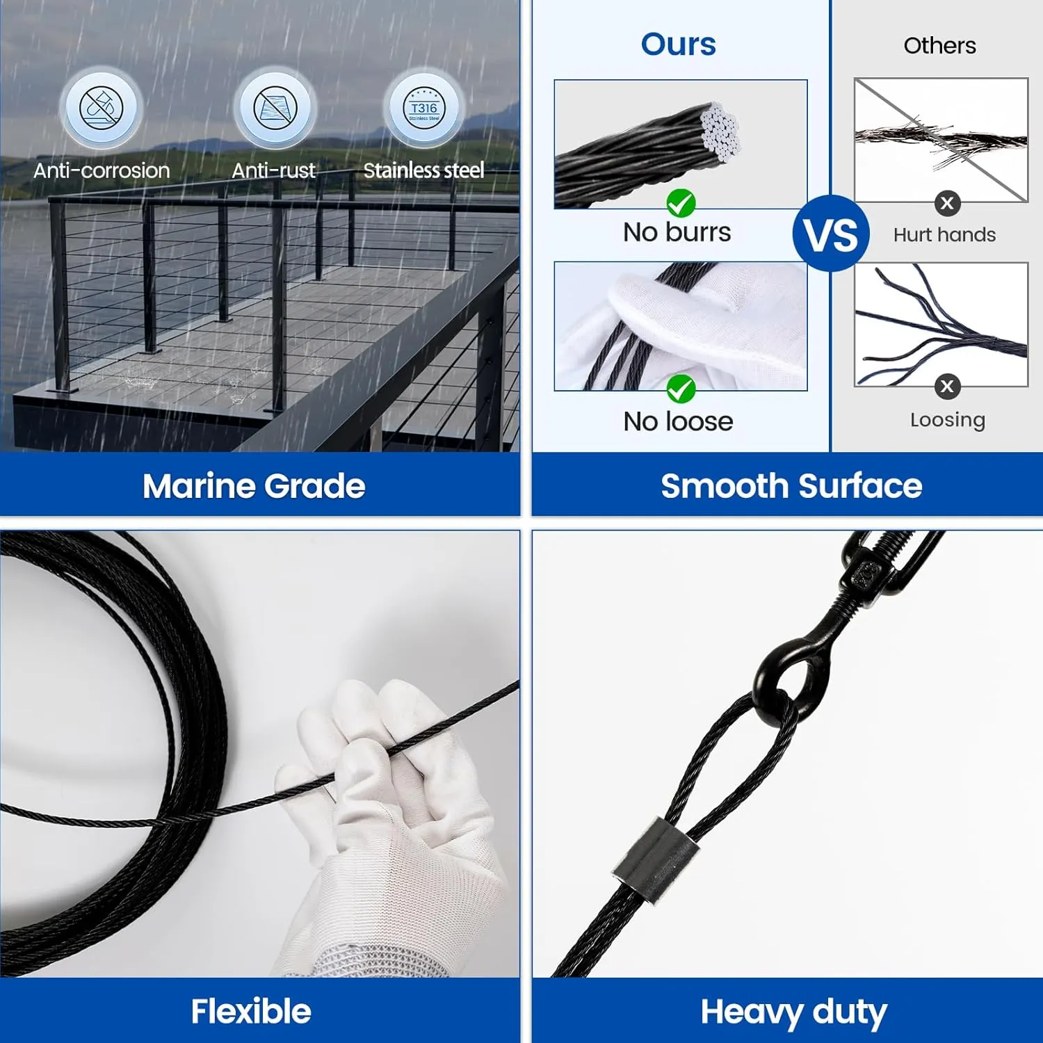 Muzata 500 ft 1/8" Black Stainless Steel Cable Railing System Hardware T316 Stainless Steel Wire Rope 7x7 Strands 1800 lb Breaking Strength Black Cable Railing Kit for Indoor Outdoor WR19