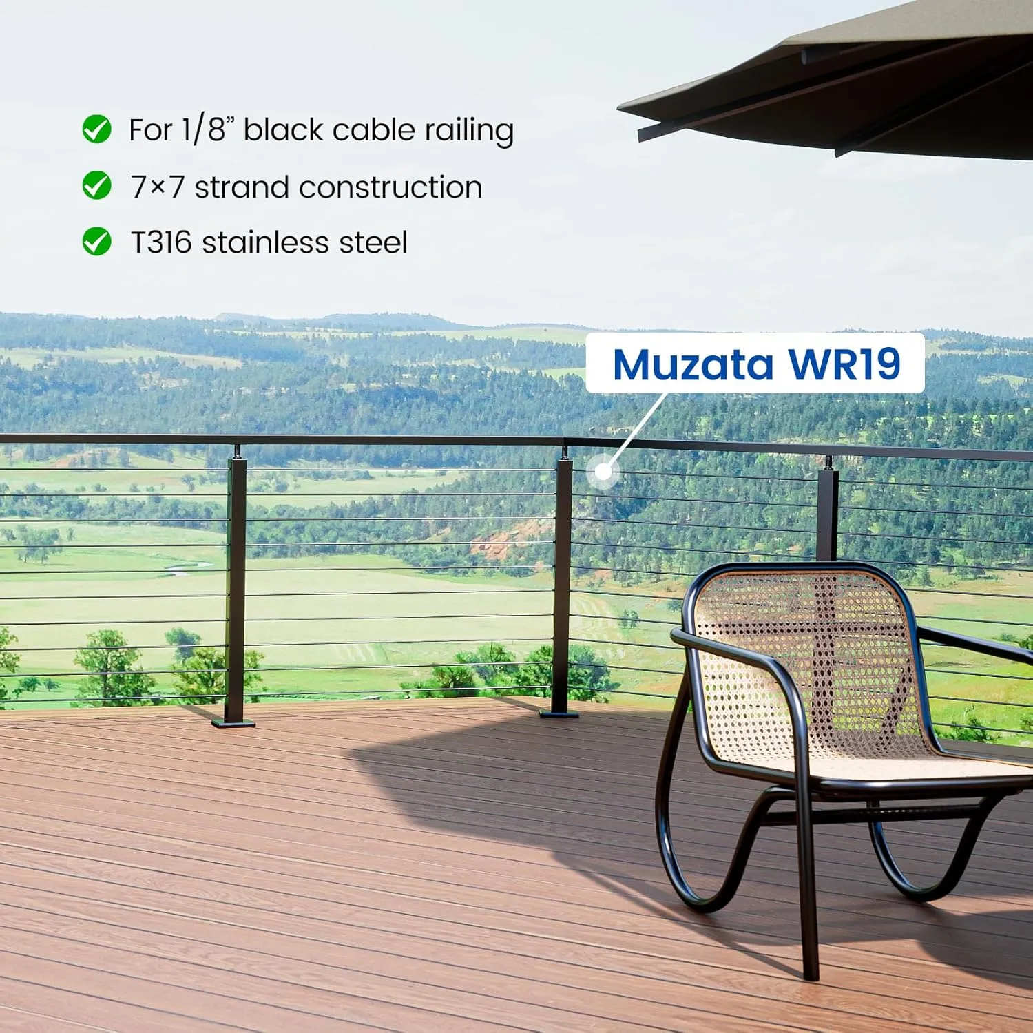 Muzata 500 ft 1/8" Black Stainless Steel Cable Railing System Hardware T316 Stainless Steel Wire Rope 7x7 Strands 1800 lb Breaking Strength Black Cable Railing Kit for Indoor Outdoor WR19