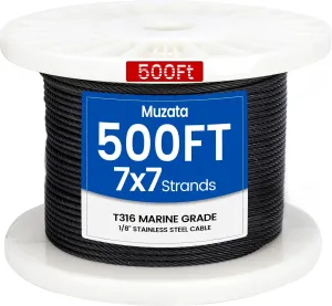 Muzata 500 ft 1/8" Black Stainless Steel Cable Railing System Hardware T316 Stainless Steel Wire Rope 7x7 Strands 1800 lb Breaking Strength Black Cable Railing Kit for Indoor Outdoor WR19