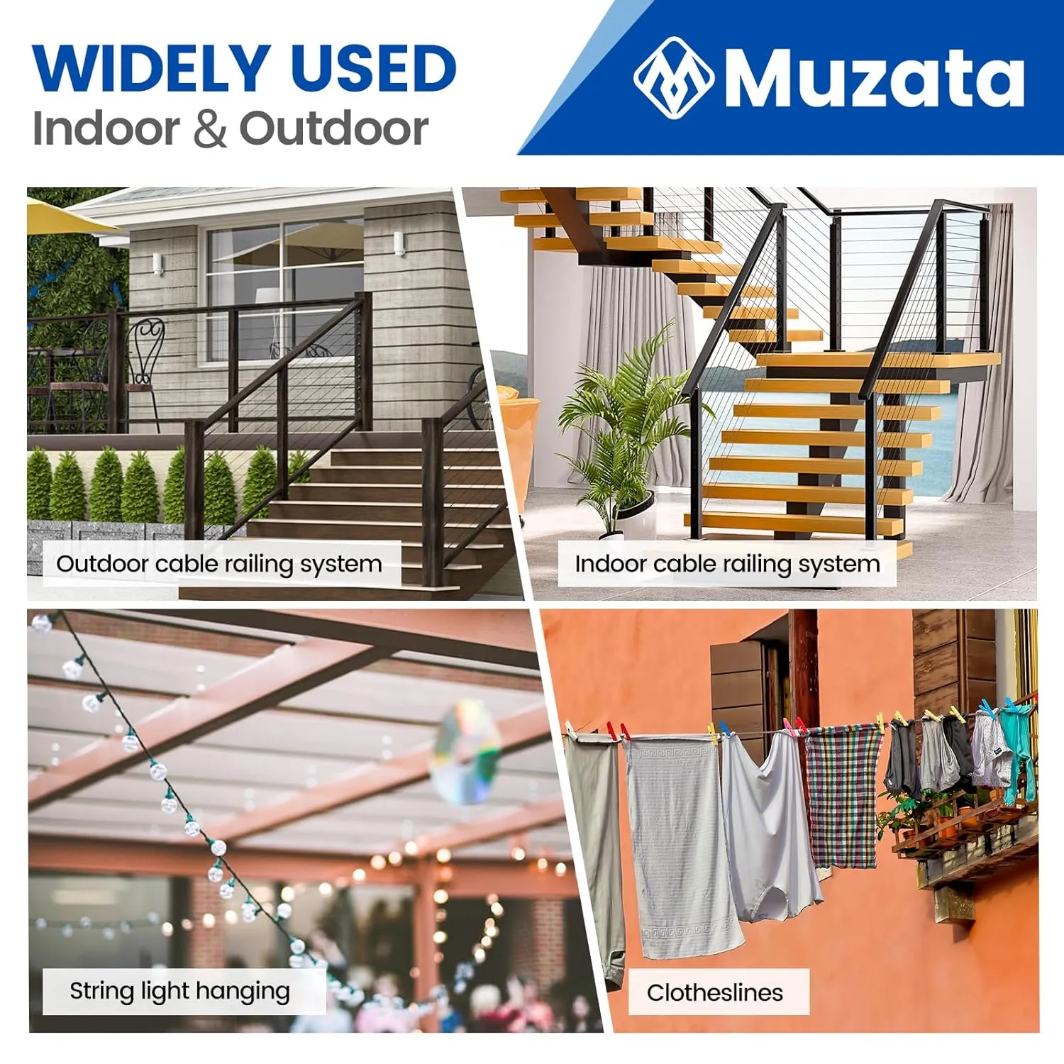 Muzata 500 ft 1/8" Black Stainless Steel Cable Railing System Hardware T316 Stainless Steel Wire Rope 7x7 Strands 1800 lb Breaking Strength Black Cable Railing Kit for Indoor Outdoor WR19