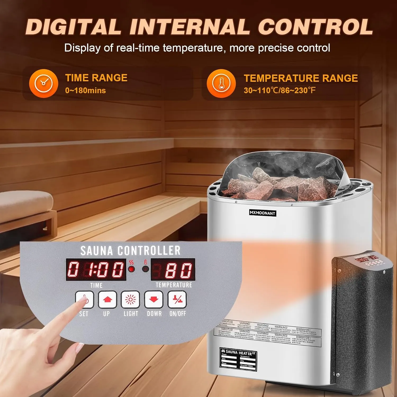 Mxmoonant Sauna Heater, 9KW 220V Electric Sauna Heaters Digital Control Sauna Stove Dry Steam Sauna Bath for Home Hotel Spa Max. 425 Cu.ft with Sauna Hygrothermograph