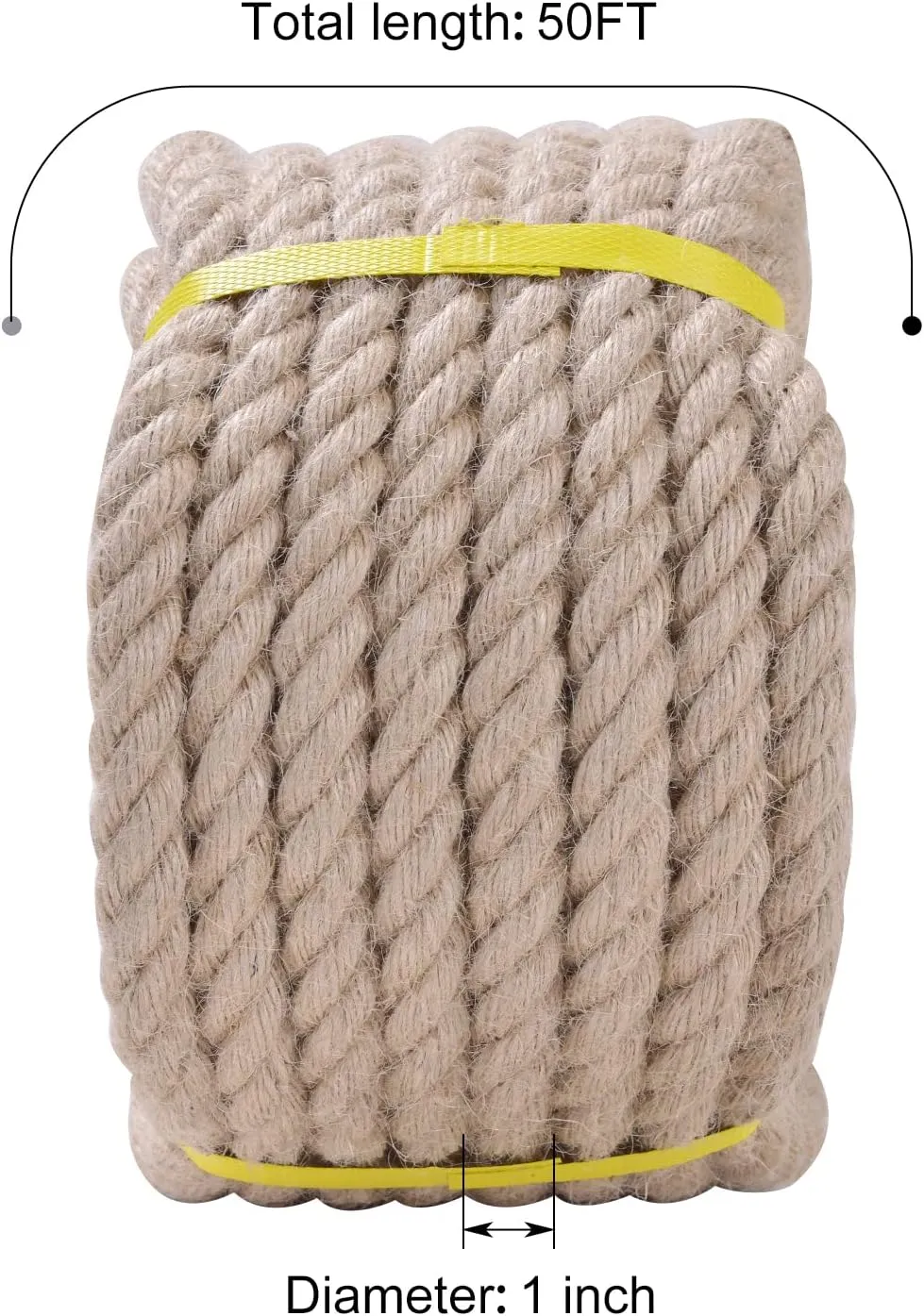Natural Jute Rope 1 Inch x 50 Ft - Heavy Duty 900 LB Strength, Twisted Hemp Rope for Crafts, Porch Swings, Tug of War, Deer Hunting, Nautical Decor, Landscaping & Home DIY Projects