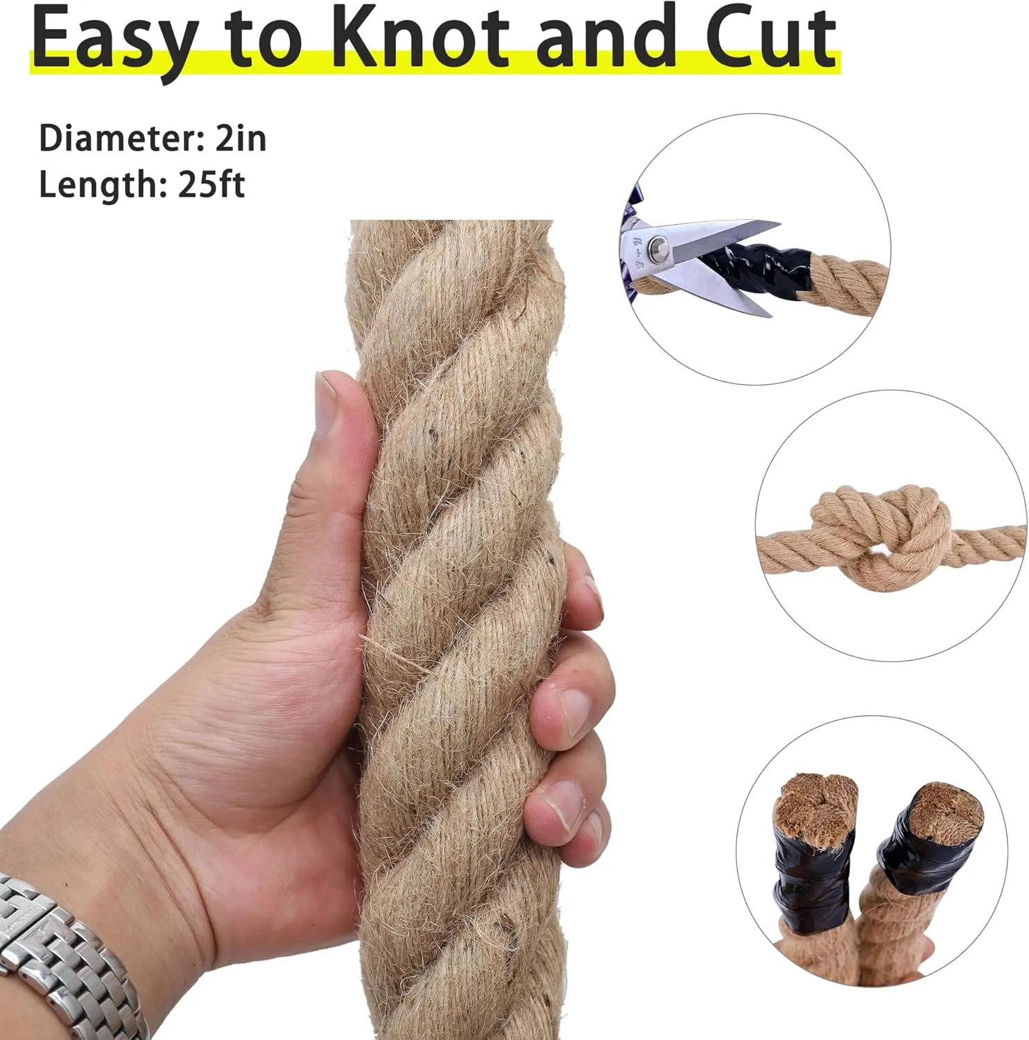 Natural Jute Rope, 2 Inch x 25Ft - Heavy Duty, Swing, Tug of War, Nautical & Hammock Rope