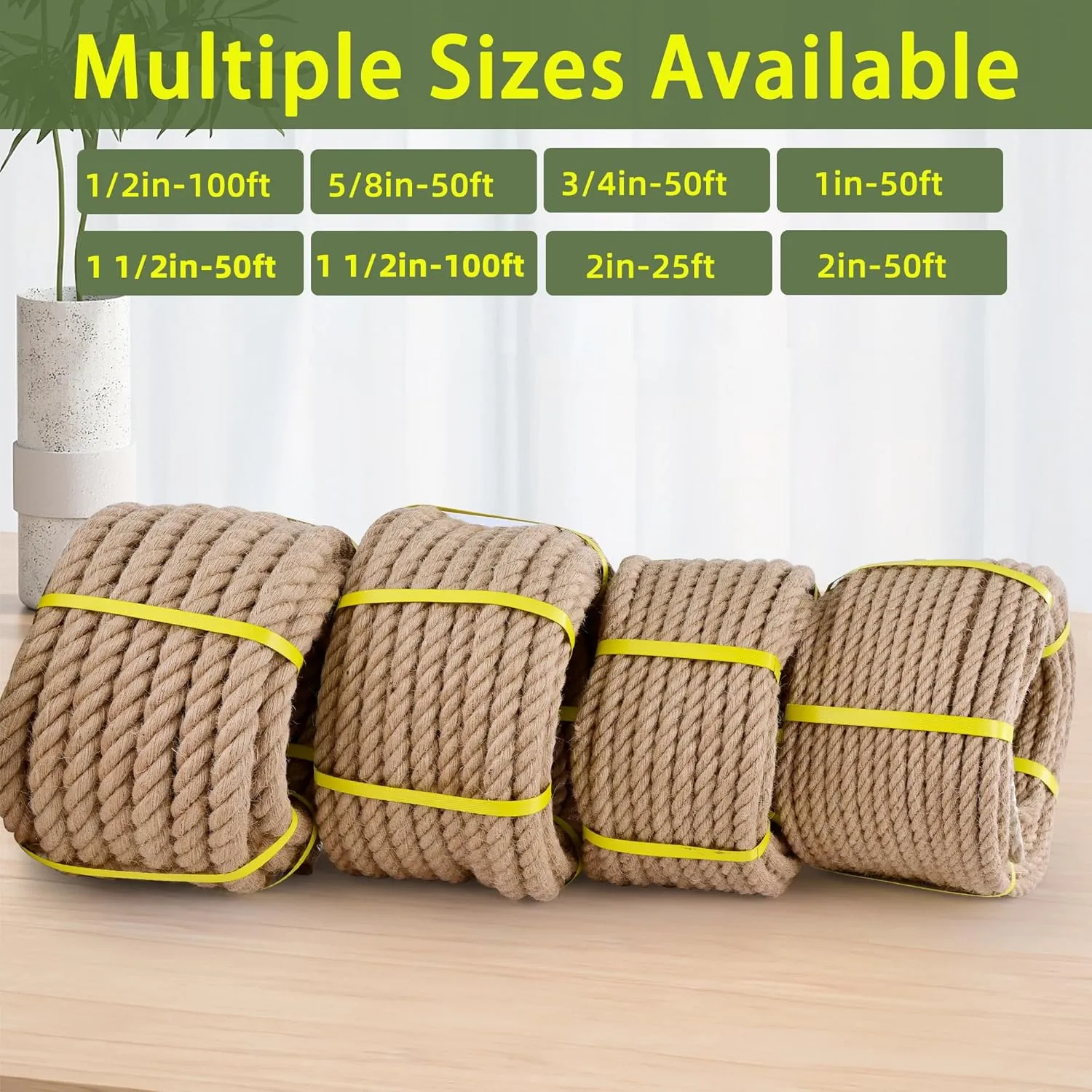 Natural Jute Rope, 2 Inch x 25Ft - Heavy Duty, Swing, Tug of War, Nautical & Hammock Rope