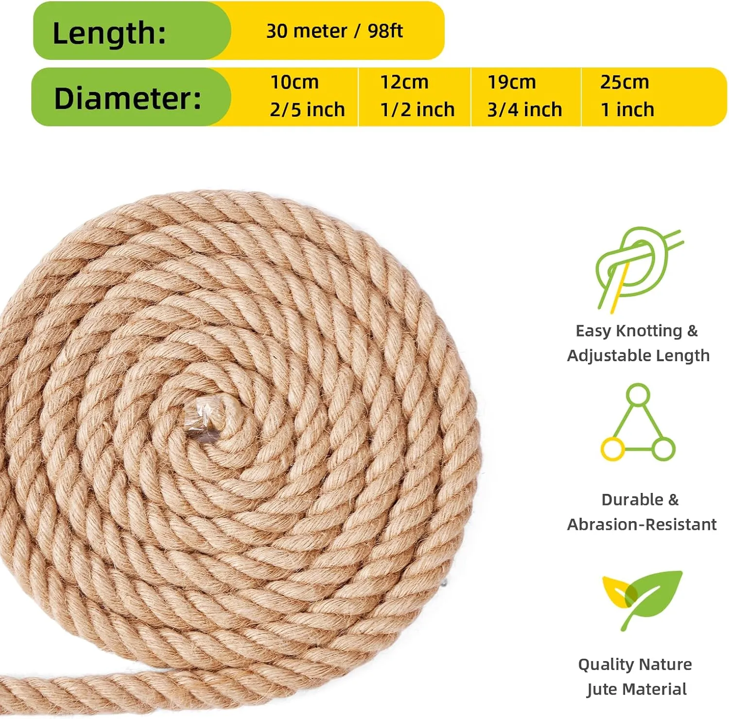 Natural Jute Rope,1/2 Inch 100 Ft, Twisted Manila Rope, Twine String Indoor Outdoor DIY 1/2 inch Thick, Home Decor Crafts for Bundling, Porch Swing, Railing, Docks, Landscaping