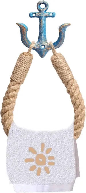 Nautical Anchor Toilet Paper Holder Rustic Industrial Wall-Mounted Towel Ring with Metal Hook for Bathroom Decor (Blue)