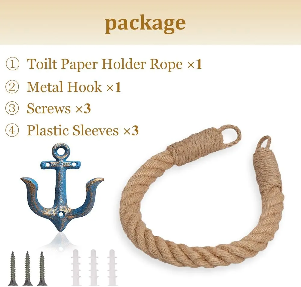Nautical Anchor Toilet Paper Holder Rustic Industrial Wall-Mounted Towel Ring with Metal Hook for Bathroom Decor (Blue)