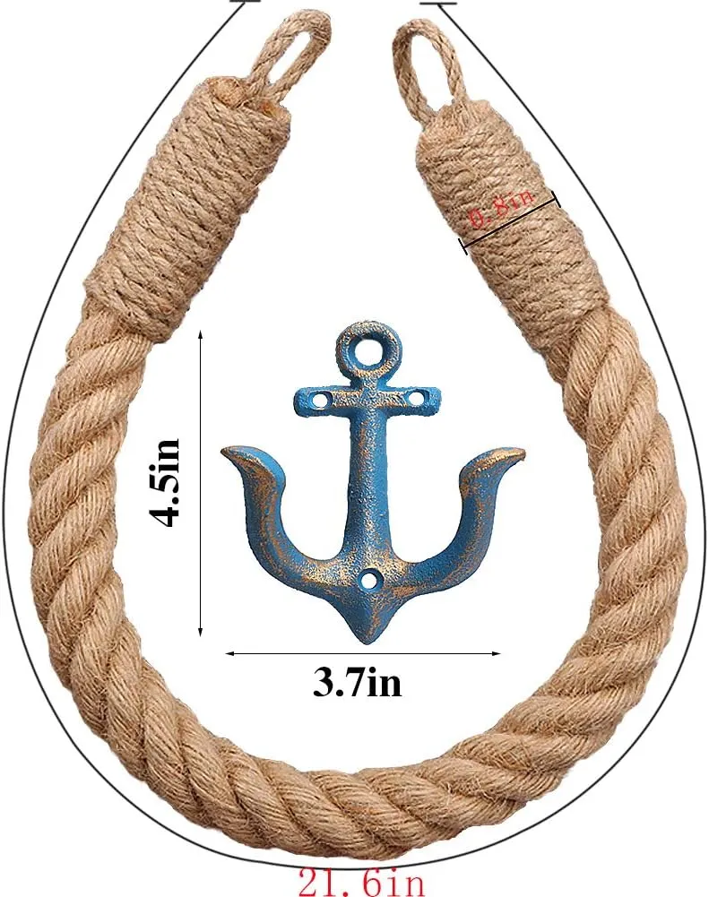 Nautical Anchor Toilet Paper Holder Rustic Industrial Wall-Mounted Towel Ring with Metal Hook for Bathroom Decor (Blue)