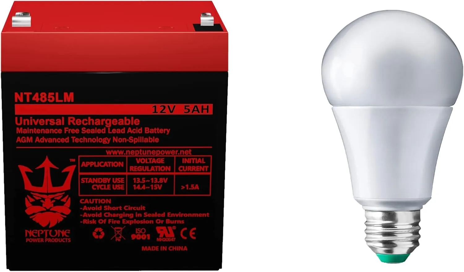 Neptune 485LM Battery Compatible with Liftmaster Chamberlain 485LM Battery for Garage Door Opener with Extra Bright 12W 5000K Replacement LED Bulb Bundle - 2 Year Warranty