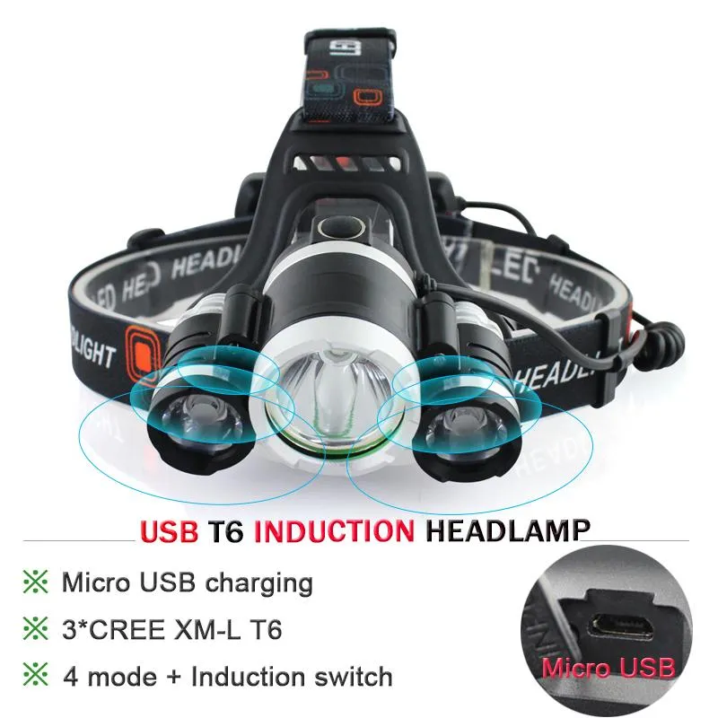 NEW HOT head torch induction head light usb charge head lamp waterproof led bulbs 18650 battery cree xml t6   ir sensor headlamp