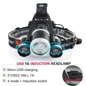 NEW HOT head torch induction head light usb charge head lamp waterproof led bulbs 18650 battery cree xml t6   ir sensor headlamp