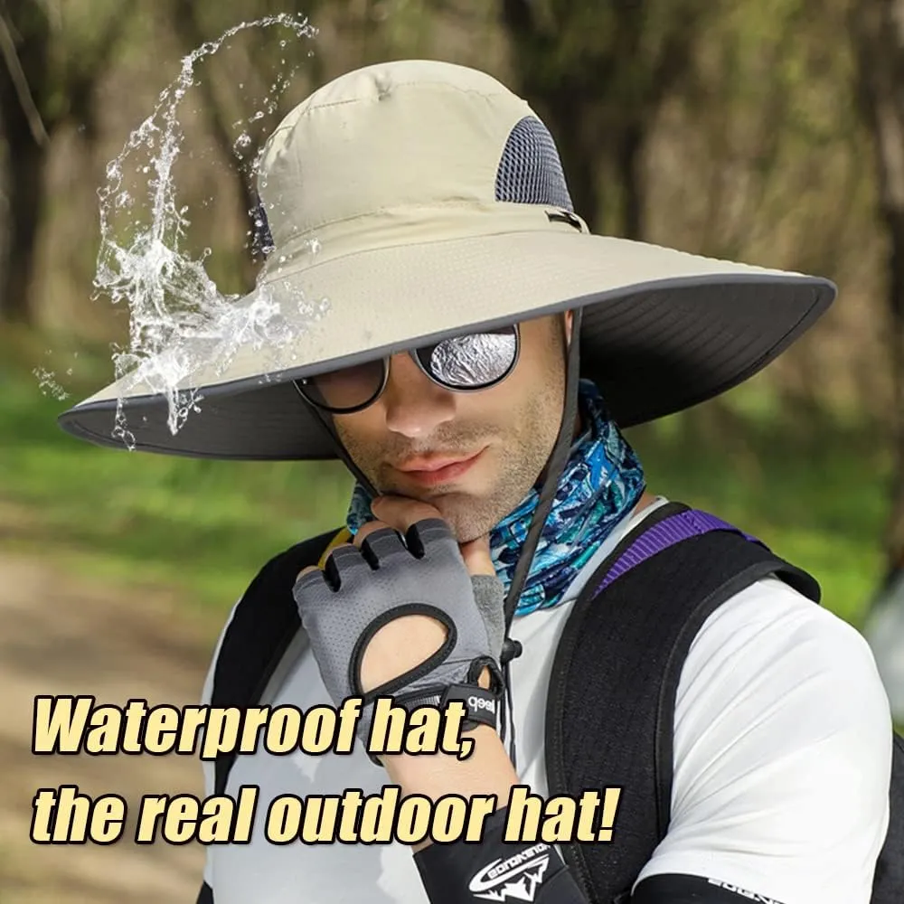 【New Size: L-XXL】 Wide Brim Fishing Sun Hat for Men UPF 50 Waterproof Breathable Safari Hiking Camping Hat for Big/Small Head