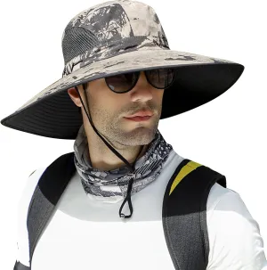 【New Size: L-XXL】 Wide Brim Fishing Sun Hat for Men UPF 50 Waterproof Breathable Safari Hiking Camping Hat for Big/Small Head