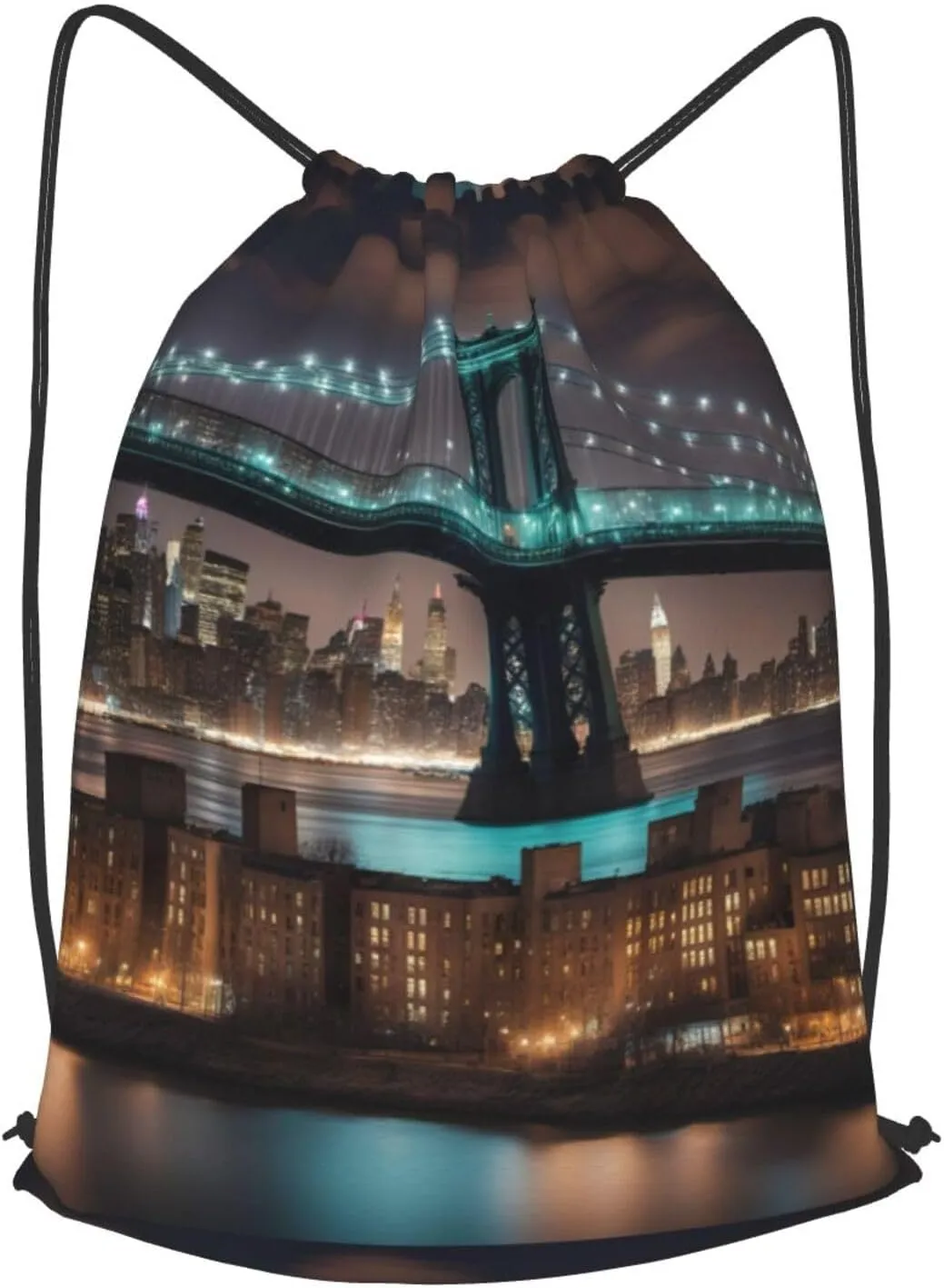 New York Manhattan Bridge Night Drawstring Backpack String Cinch Bag Polyester Sackpack For Fitness Training Workout
