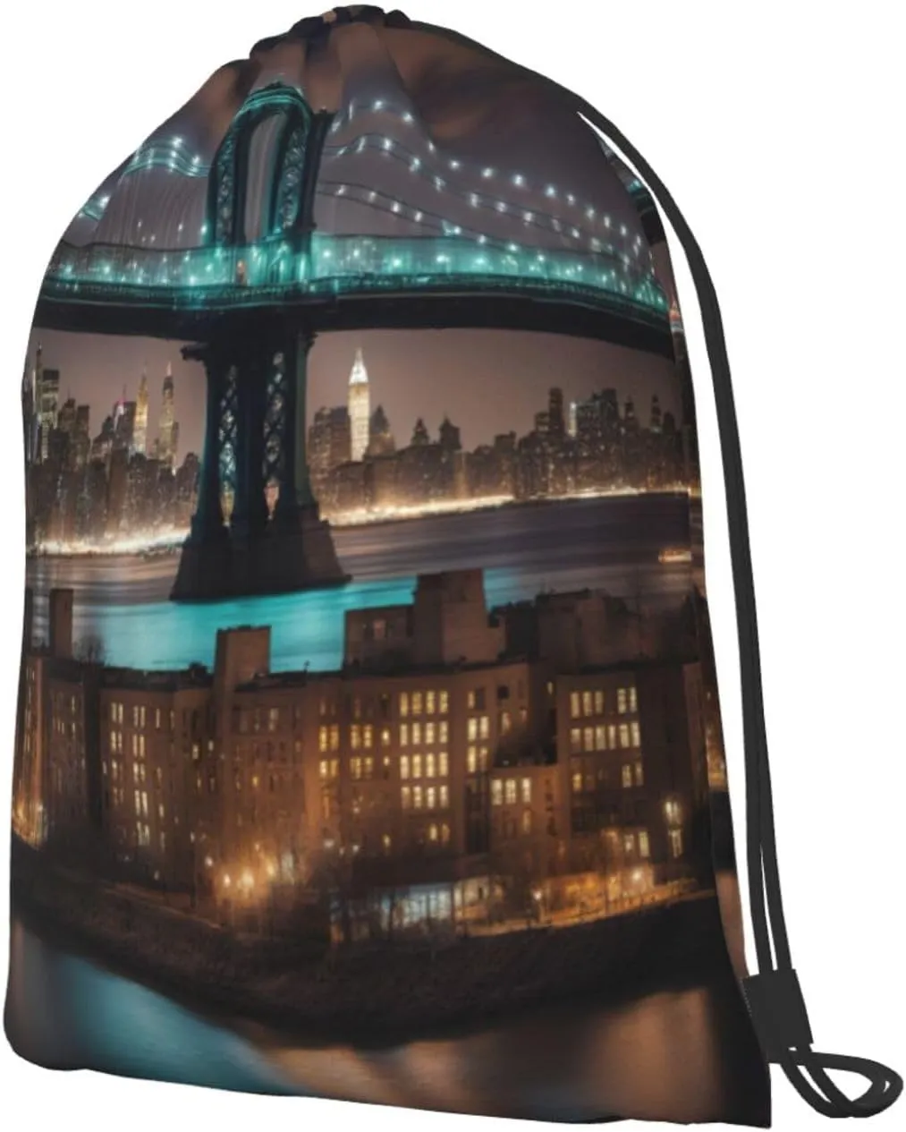 New York Manhattan Bridge Night Drawstring Backpack String Cinch Bag Polyester Sackpack For Fitness Training Workout