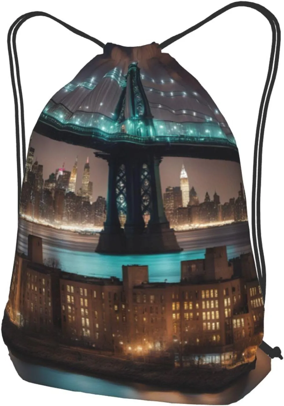 New York Manhattan Bridge Night Drawstring Backpack String Cinch Bag Polyester Sackpack For Fitness Training Workout