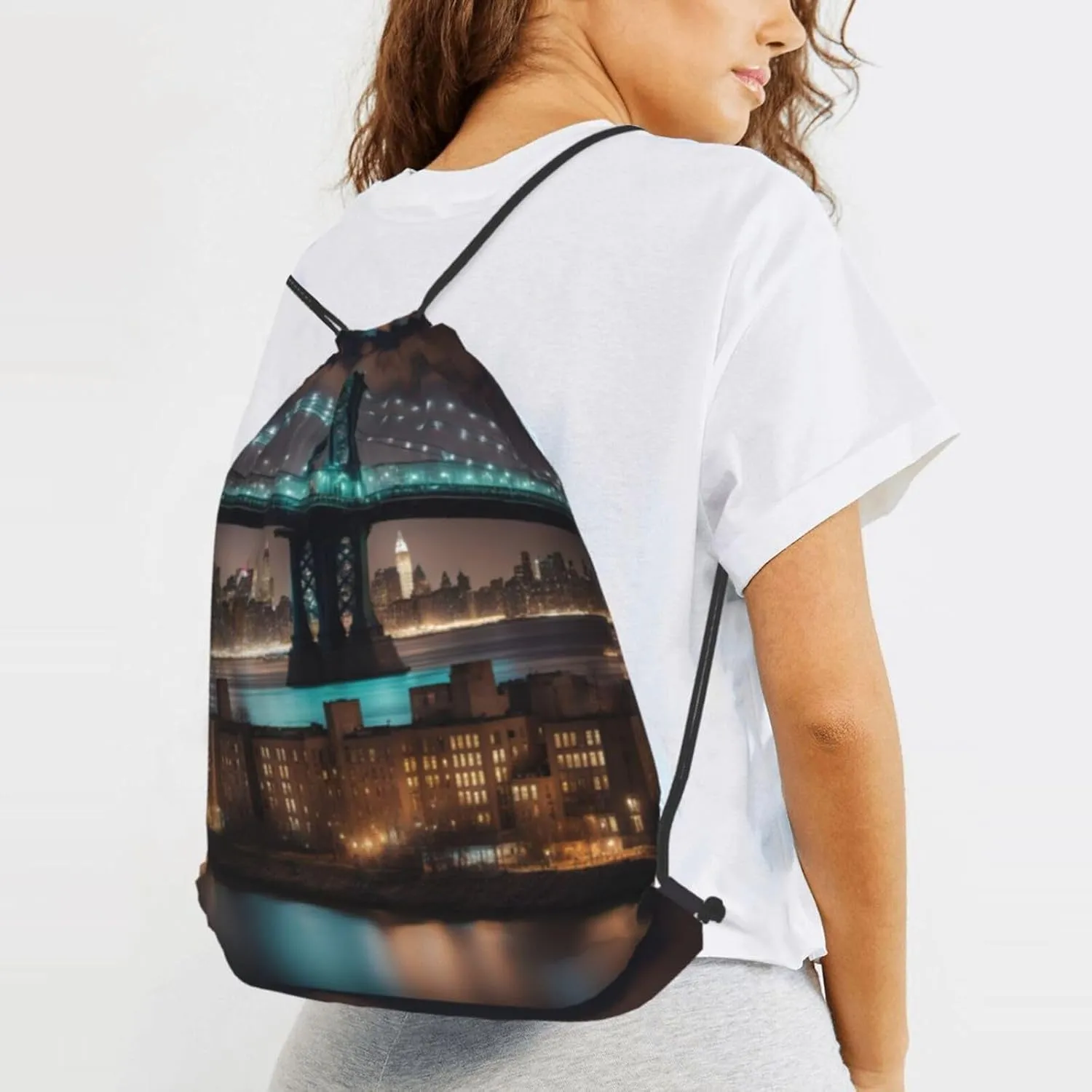 New York Manhattan Bridge Night Drawstring Backpack String Cinch Bag Polyester Sackpack For Fitness Training Workout
