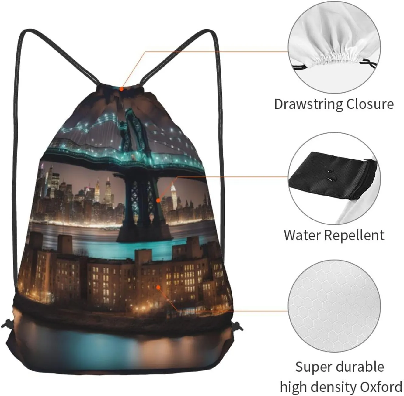 New York Manhattan Bridge Night Drawstring Backpack String Cinch Bag Polyester Sackpack For Fitness Training Workout