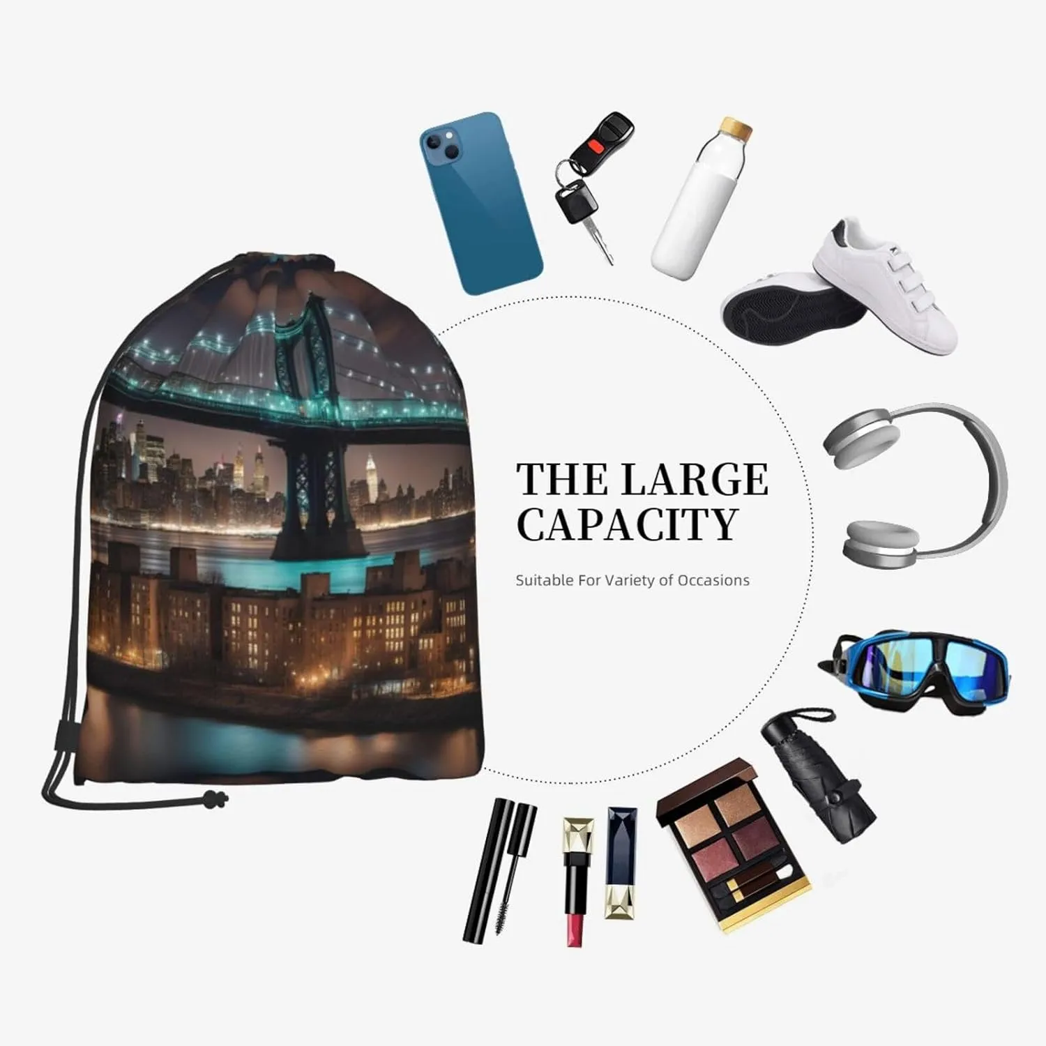 New York Manhattan Bridge Night Drawstring Backpack String Cinch Bag Polyester Sackpack For Fitness Training Workout