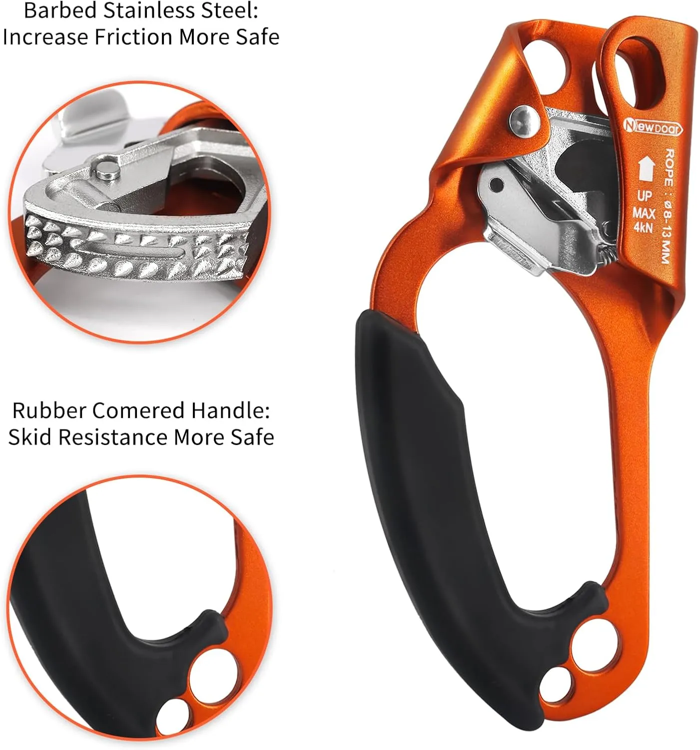 NewDoar UIAA & CE Certified Hand Ascender Rock Climbing Tree Arborist Rappelling Gear Equipment Rope Clamp for 8~13MM Rope