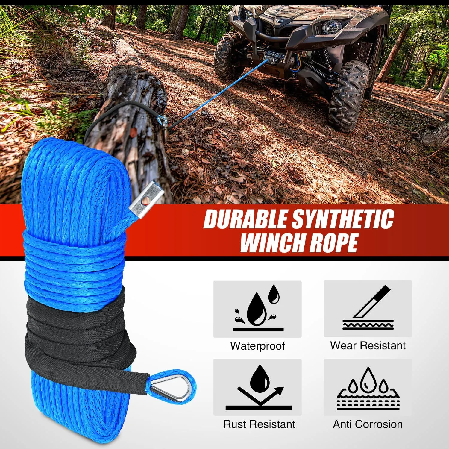 Nilight 1/4 Inch x 50 Feet Winch Rope Synthetic Winch Line Cable Universal for ATV UTV 4x4 Off-Road Vehicle 9000lbs Winch Line Ropes with Steel Hook Rubber Stopper Protective Sleeve Safety Strap,Blue
