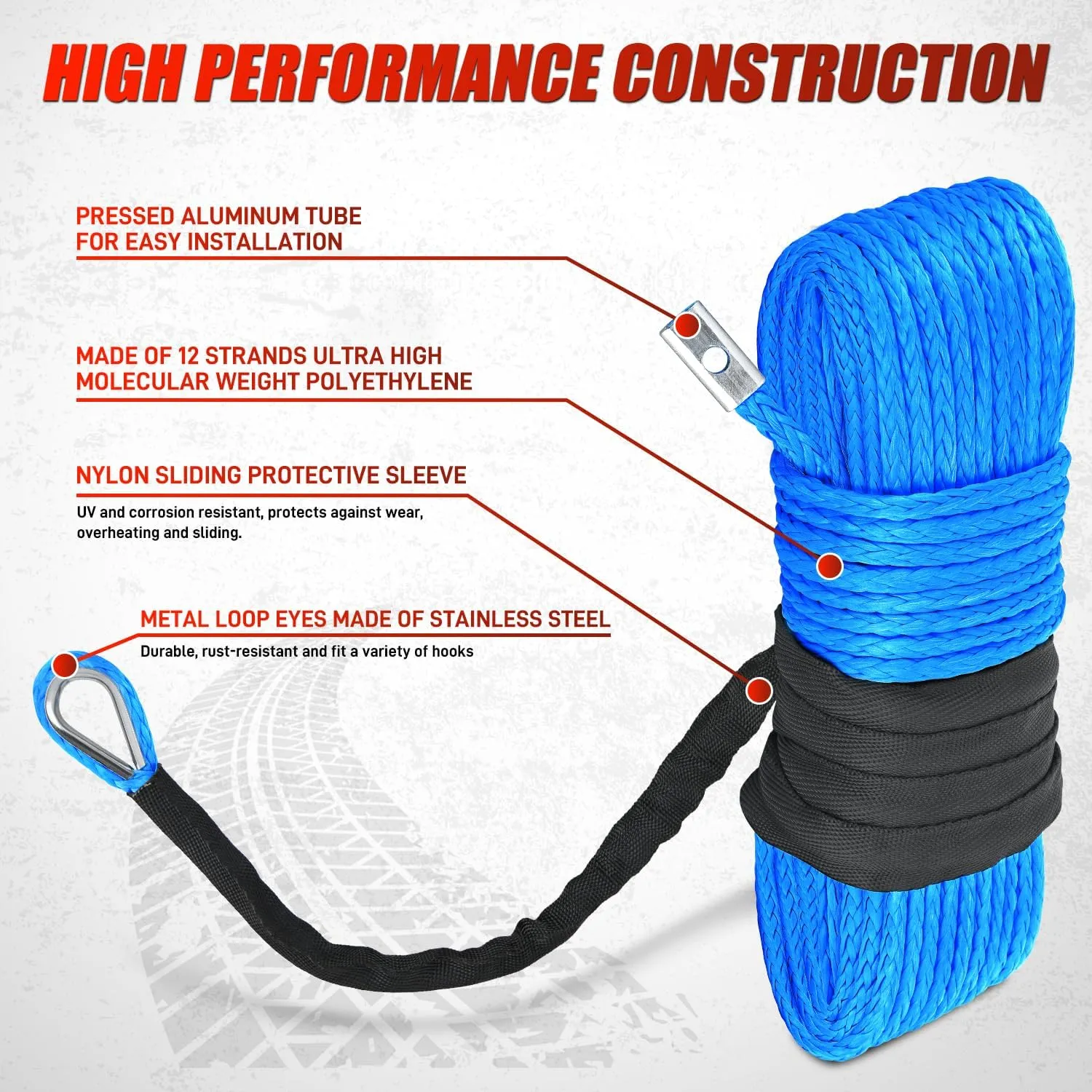 Nilight 1/4 Inch x 50 Feet Winch Rope Synthetic Winch Line Cable Universal for ATV UTV 4x4 Off-Road Vehicle 9000lbs Winch Line Ropes with Steel Hook Rubber Stopper Protective Sleeve Safety Strap,Blue