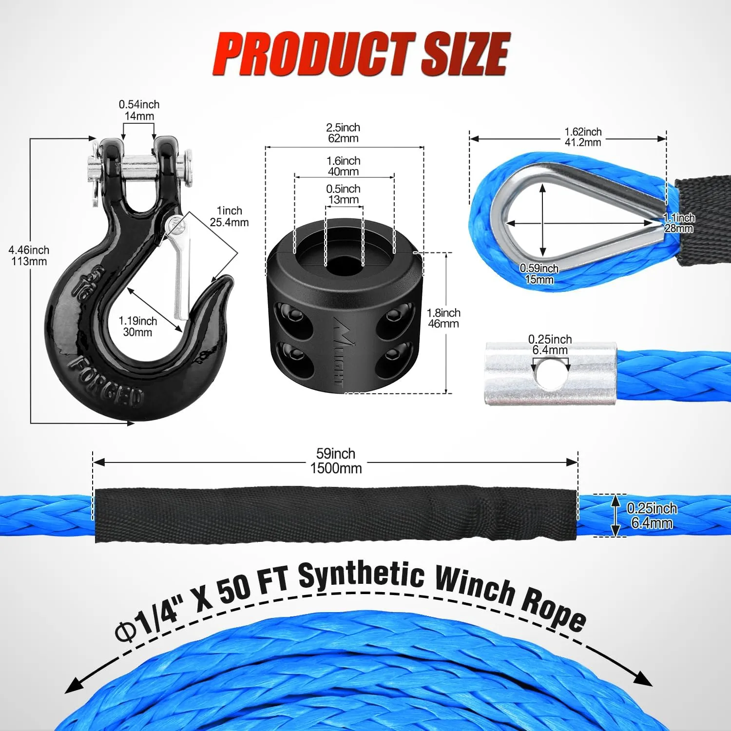 Nilight 1/4 Inch x 50 Feet Winch Rope Synthetic Winch Line Cable Universal for ATV UTV 4x4 Off-Road Vehicle 9000lbs Winch Line Ropes with Steel Hook Rubber Stopper Protective Sleeve Safety Strap,Blue