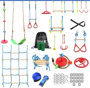 Ninja Obstacle Course for Kids Backyard - 10 Durable Obstacles and 60' Slackline - Outdoor Warrior Obstacle Playset Equipment with Gymnastic Ring, Rope Ladder, Ninja Wheel, Climbing Rope Swing