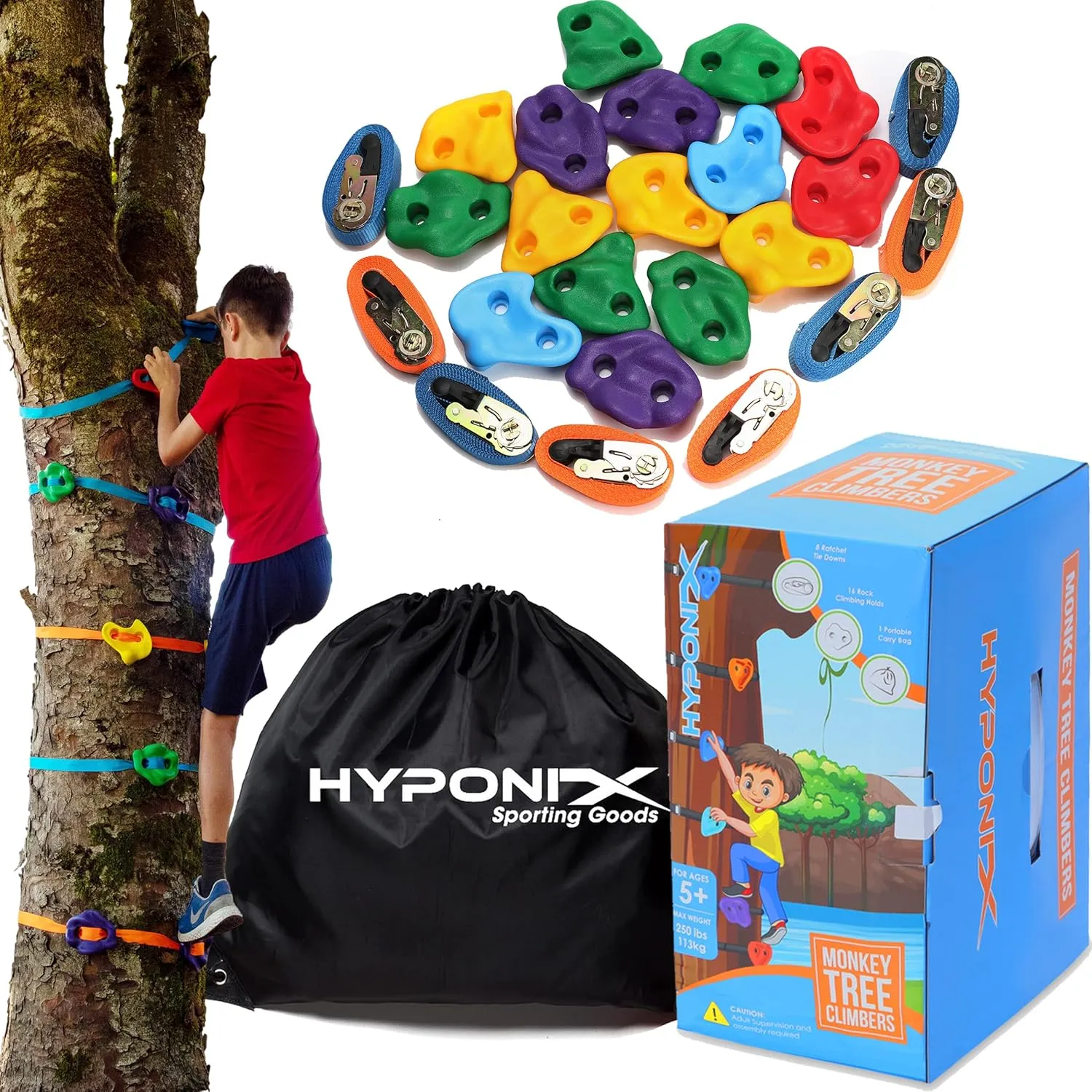 Ninja Tree Climbing Kit – 16 Large Rock Climbing Holds & 8 Ratchets, Quick 10-Minute Setup, Durable, Textured Grips, Safe for Kids 5-12, Supports Up to 250lbs, Portable Carrying Bag, Backyard Fun