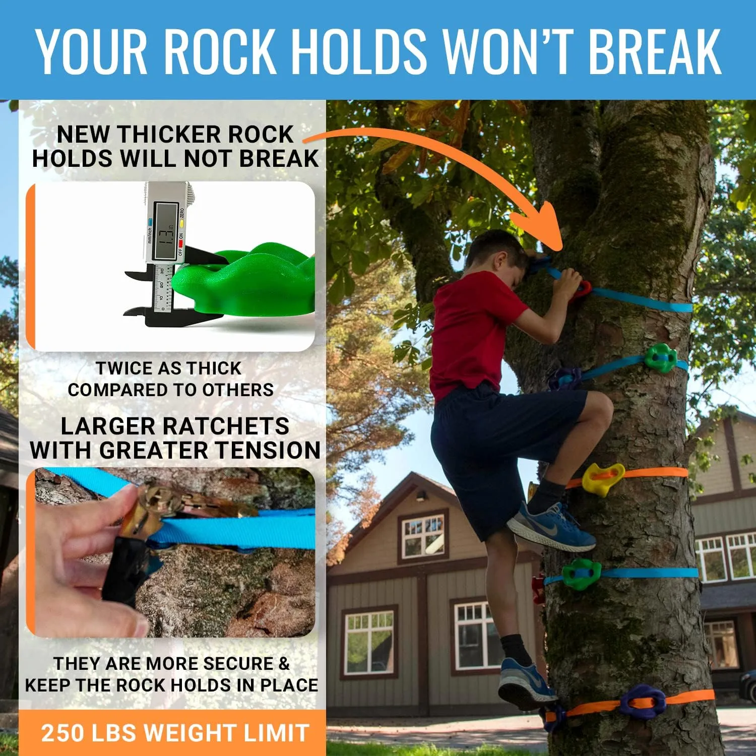 Ninja Tree Climbing Kit – 16 Large Rock Climbing Holds & 8 Ratchets, Quick 10-Minute Setup, Durable, Textured Grips, Safe for Kids 5-12, Supports Up to 250lbs, Portable Carrying Bag, Backyard Fun