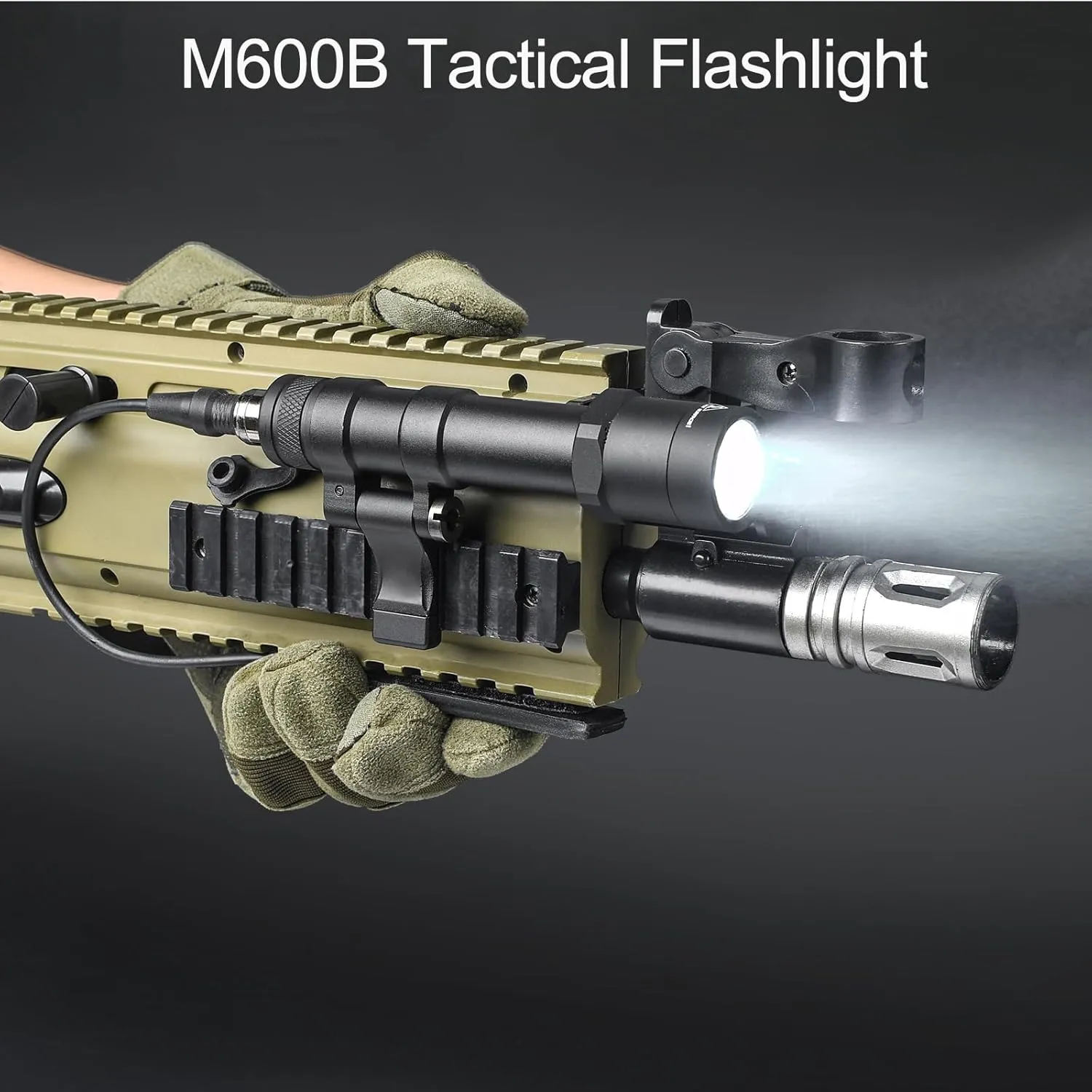 NOBUHIRO M600B 600 Lumens Tactical Flashlight, NO Logo Version with Replaceable Mounting Rotating Base for 20mm Picatinny & Mlok/Keymod Rail, with Remote Pressure & Push Button Switch