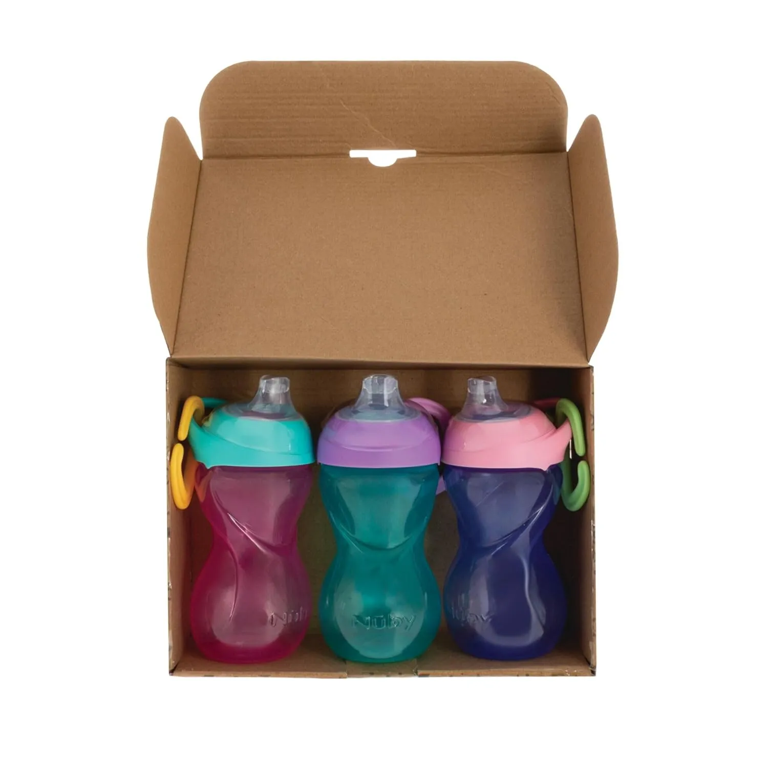 Nuby No-Spill Clik-It Soft Spout Sippy Cup with Carabiner Clip - (3-Pack) 10 oz - Baby Sippy Cup for 6  Month Old with Easy Grip - Aqua/Pink/Purple