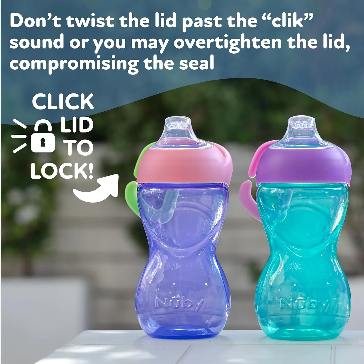 Nuby No-Spill Clik-It Soft Spout Sippy Cup with Carabiner Clip - (3-Pack) 10 oz - Baby Sippy Cup for 6  Month Old with Easy Grip - Aqua/Pink/Purple