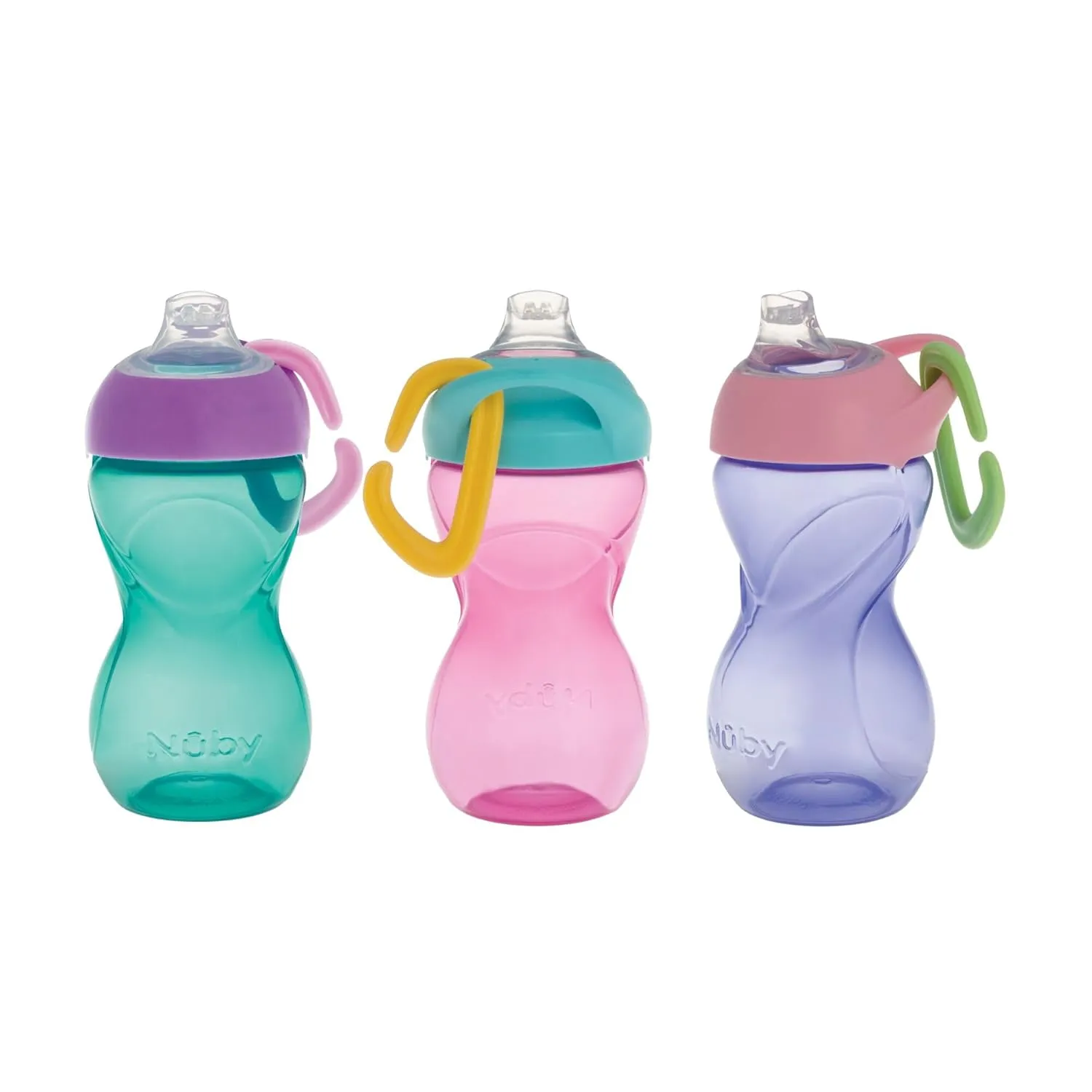 Nuby No-Spill Clik-It Soft Spout Sippy Cup with Carabiner Clip - (3-Pack) 10 oz - Baby Sippy Cup for 6  Month Old with Easy Grip - Aqua/Pink/Purple