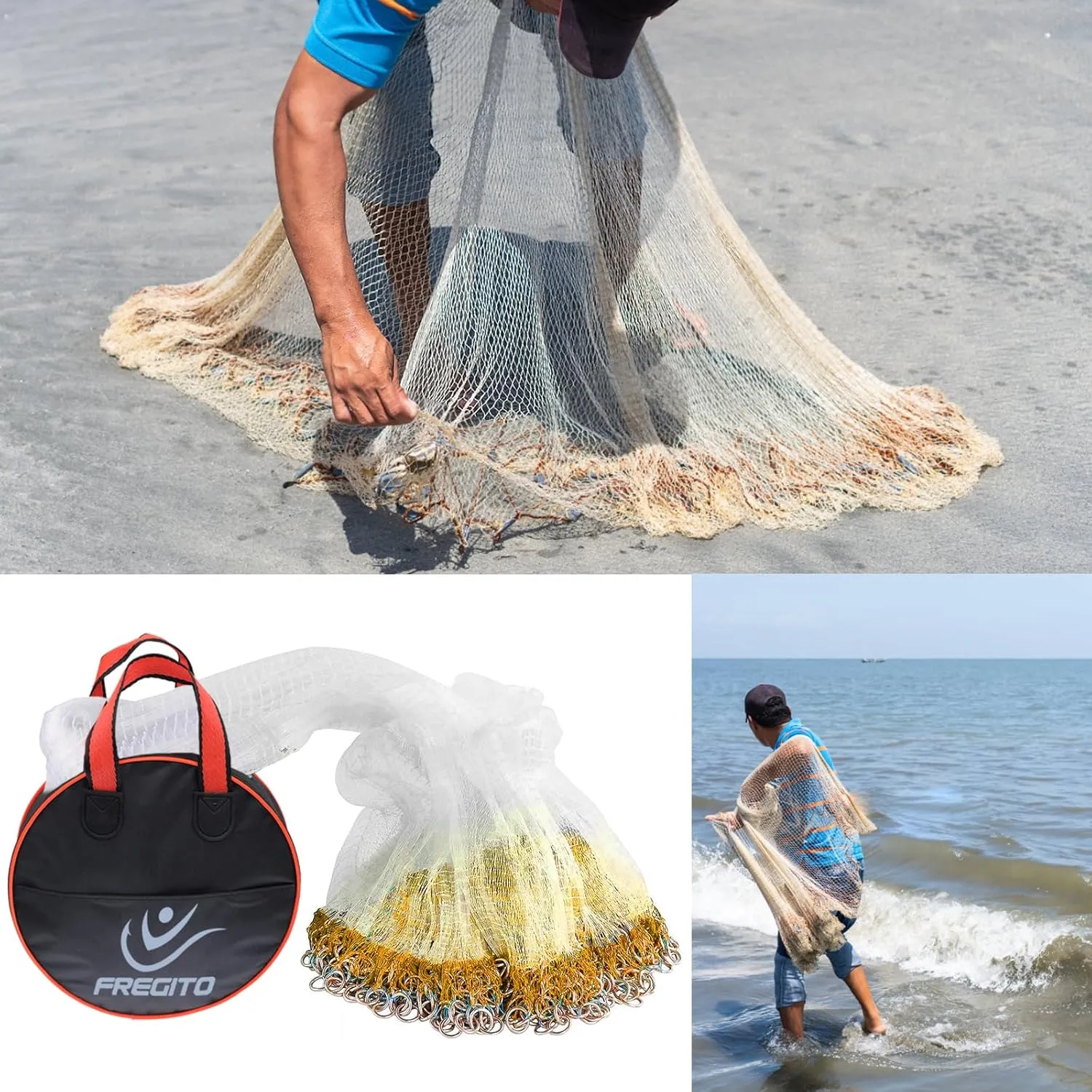 Nylon Multfilament Cast Net, American Style Hand Throwing Fishing Net for Saltwater and Freshwater, 3/8 Inches Mesh