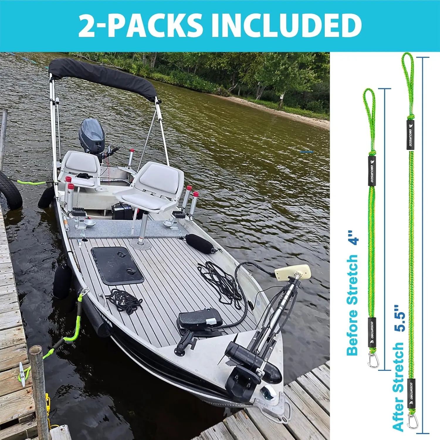 Obcursco 4FT Bungee Dock Lines,Boat Dock Rope,Jet Ski Accessories with 316 Stainless Steel Clip for Kayak,Seadoo,Pontoon,Yamaha WaveRunner,Canoe (2 Pack, Yellow/Green)