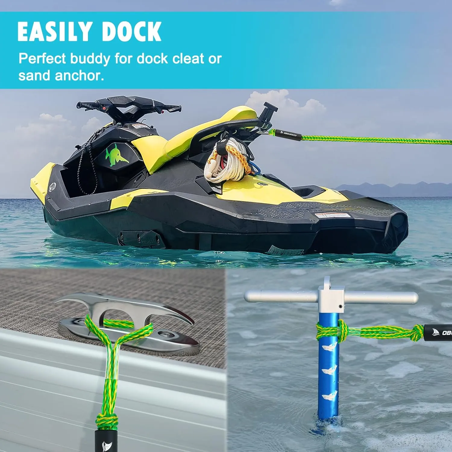 Obcursco 4FT Bungee Dock Lines,Boat Dock Rope,Jet Ski Accessories with 316 Stainless Steel Clip for Kayak,Seadoo,Pontoon,Yamaha WaveRunner,Canoe (2 Pack, Yellow/Green)