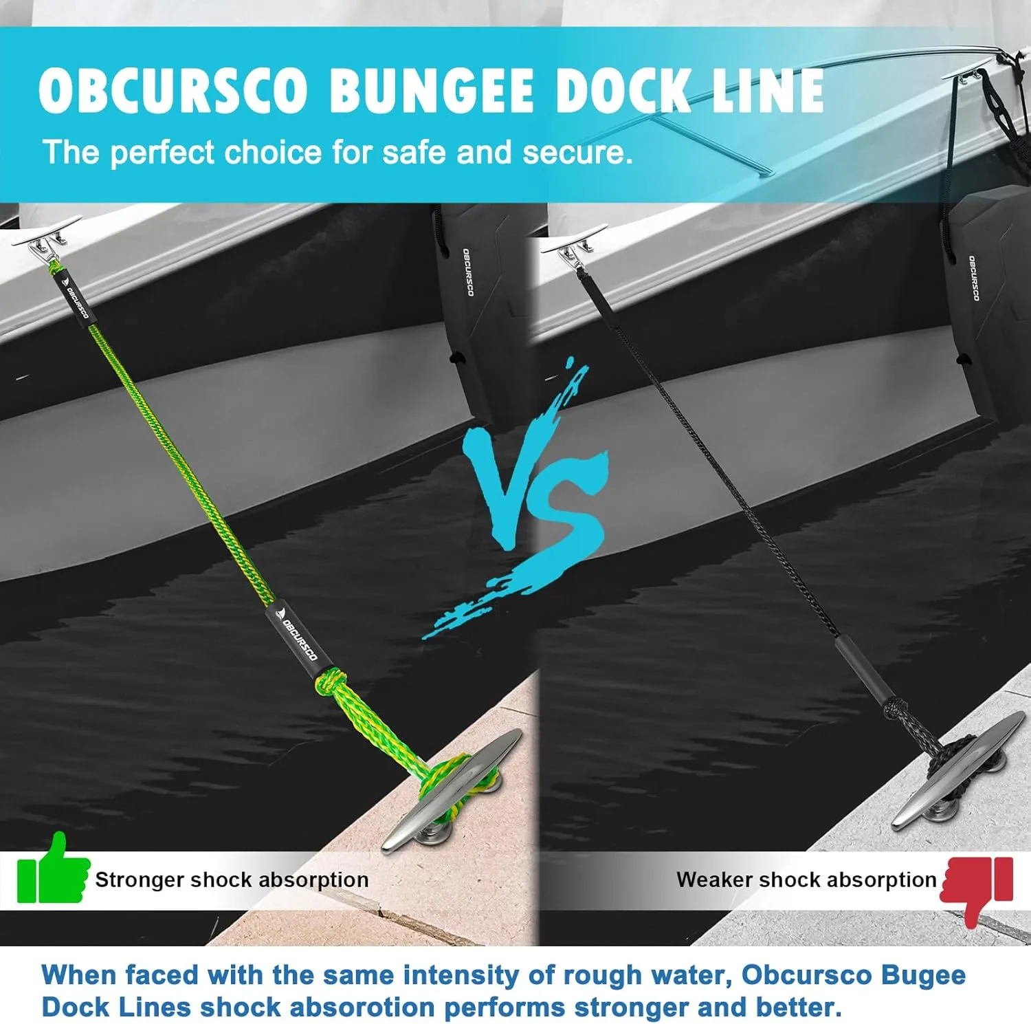 Obcursco 4FT Bungee Dock Lines,Boat Dock Rope,Jet Ski Accessories with 316 Stainless Steel Clip for Kayak,Seadoo,Pontoon,Yamaha WaveRunner,Canoe (2 Pack, Yellow/Green)