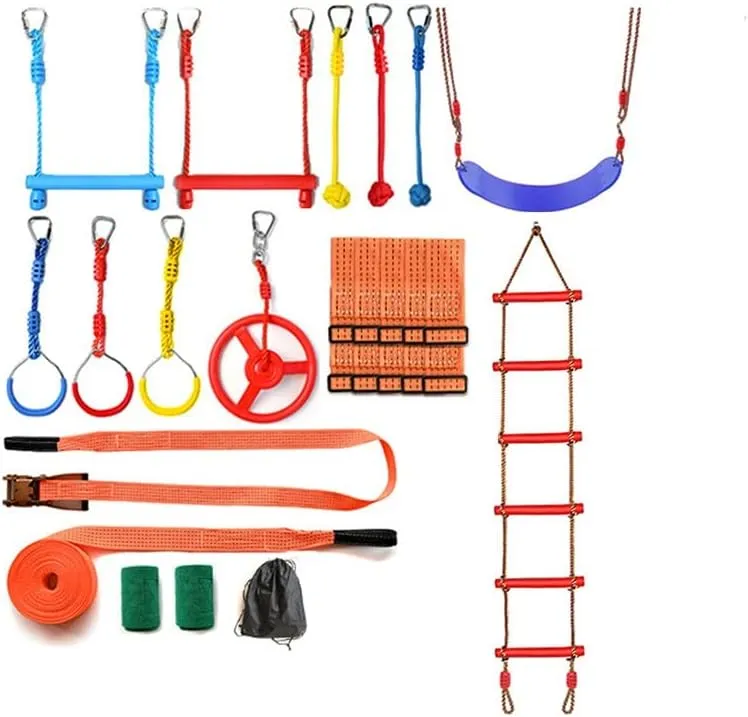 Obstacle Course for Kids Kids Obstacle Course Outside,Climbing Frame with Zip Line, Climbing Ladder, Climbing Poles, Gymnastics Rings, Gymnastics Rings, Rope Knots