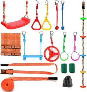 Obstacle Course for Kids Warrior Obstacle Course for Kids,Climbing Frame with Zip Line, Climbing Ladder, Climbing Poles, Gymnastics Rings, Gymnastics Rings, Rope Knots