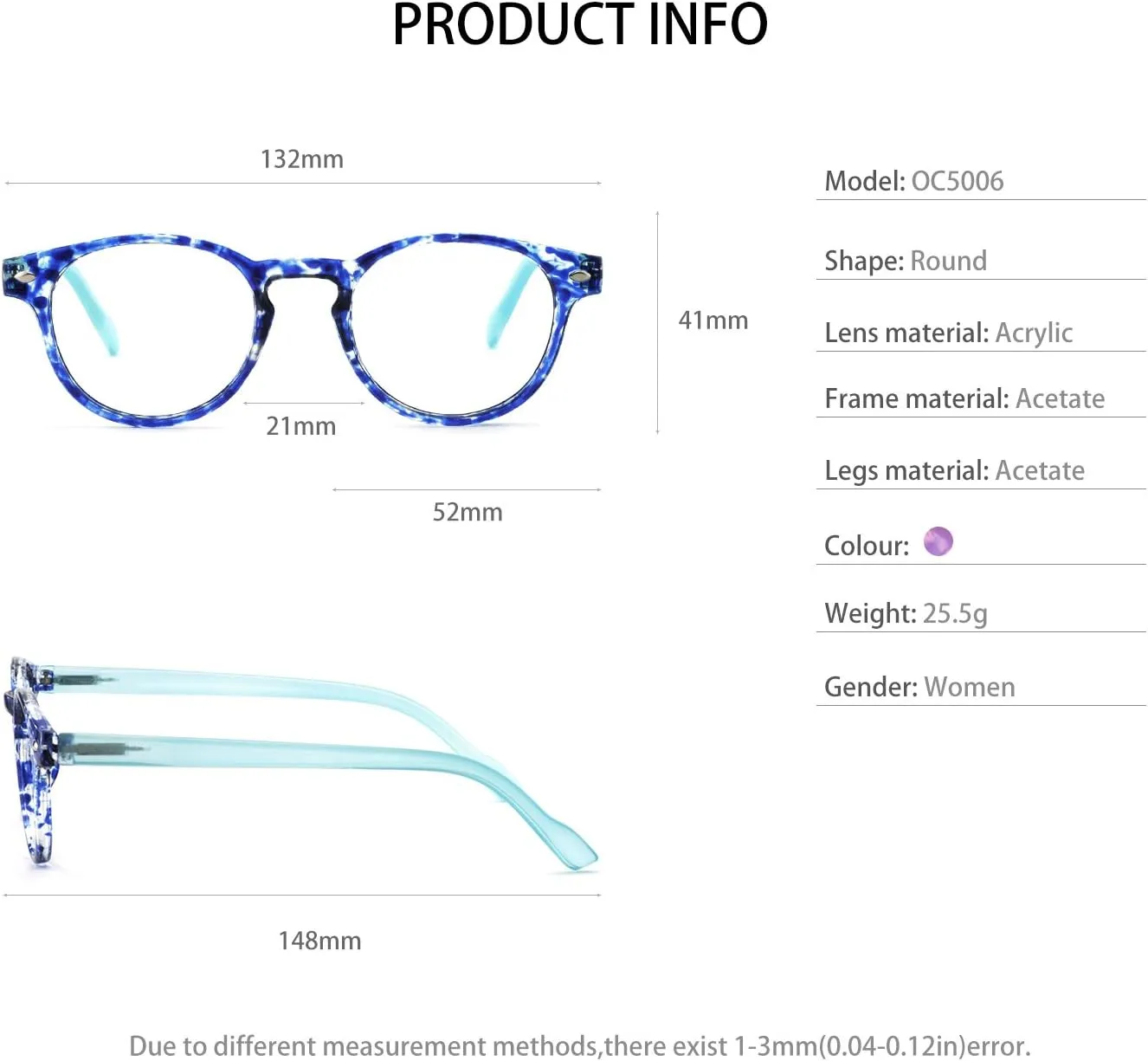 OCCI CHIARI Lightweight Designer Acetate frame Stylish Reading Glasses For Women (Purplish Blue, 0)